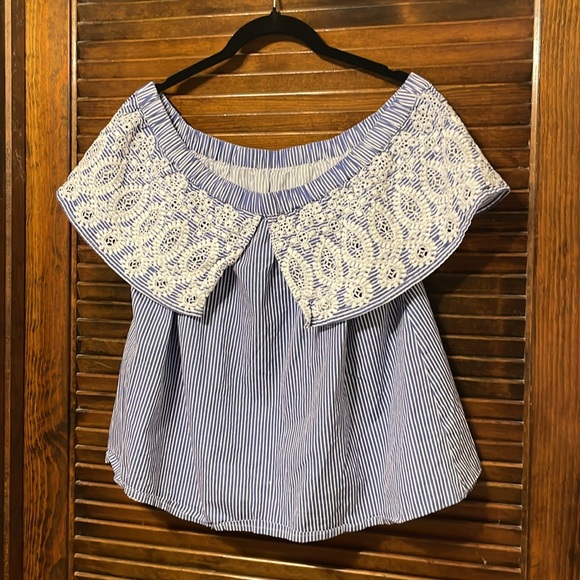 ASOS Blue & White Striped Lace Off Shoulder Top - Picture 6 of 6